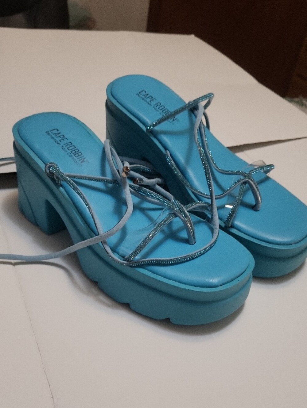 Cape Robbin Teal Turquoise Platform Wrap Sandals - Picture 4 of 6